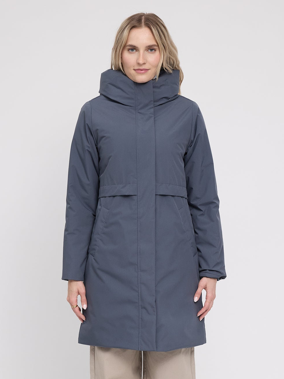 MAZINE Basic Padded Parka Jacket Night Flight shown with front view, featuring a warm, quilted design and hood for cold weather.