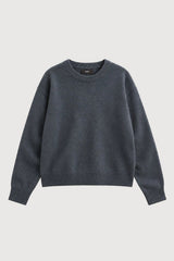 A dark gray crewneck knit sweater with long sleeves, laid flat against a light gray background.