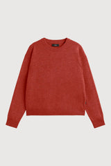 A rust-red crewneck knit sweater with long sleeves, laid flat against a light gray background.
