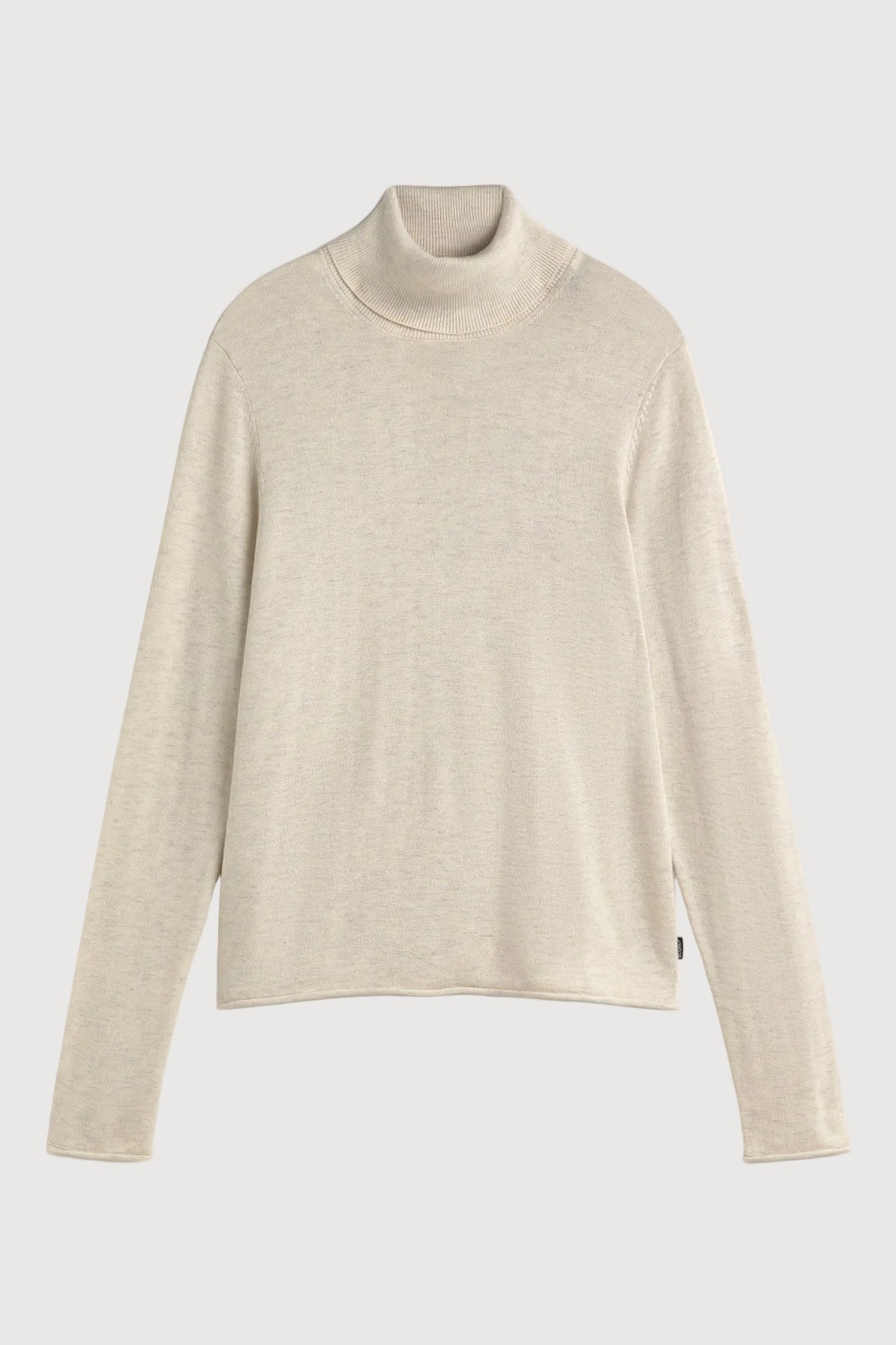 A light beige long-sleeve turtleneck sweater displayed flat against a light gray background.