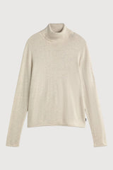 A light beige long-sleeve turtleneck sweater displayed flat against a light gray background.