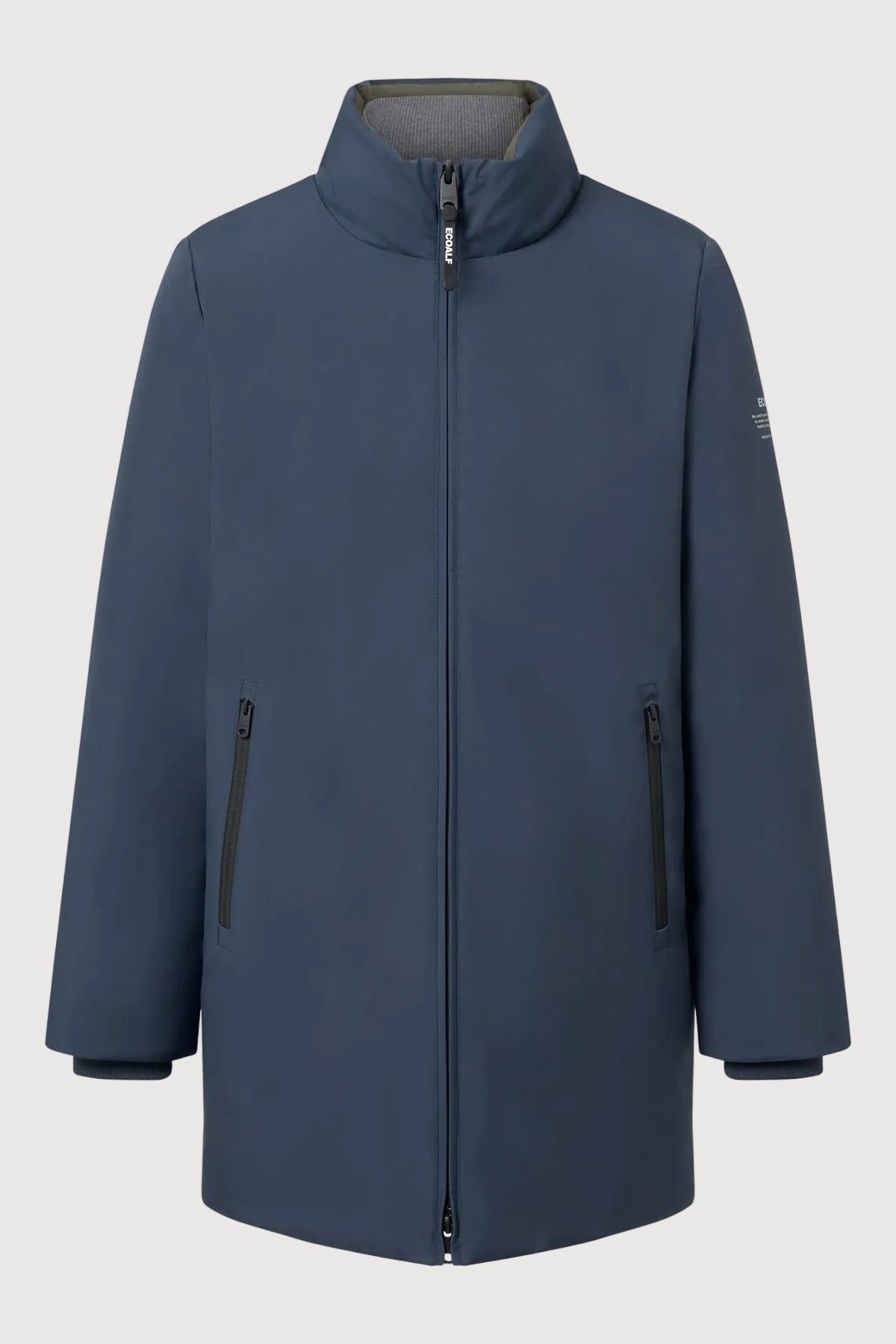 A dark slate blue hooded jacket with a full front zipper, zippered hand pockets, and a small white logo on the left sleeve, shown against a light gray background.