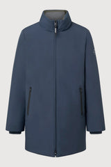 A dark slate blue hooded jacket with a full front zipper, zippered hand pockets, and a small white logo on the left sleeve, shown against a light gray background.