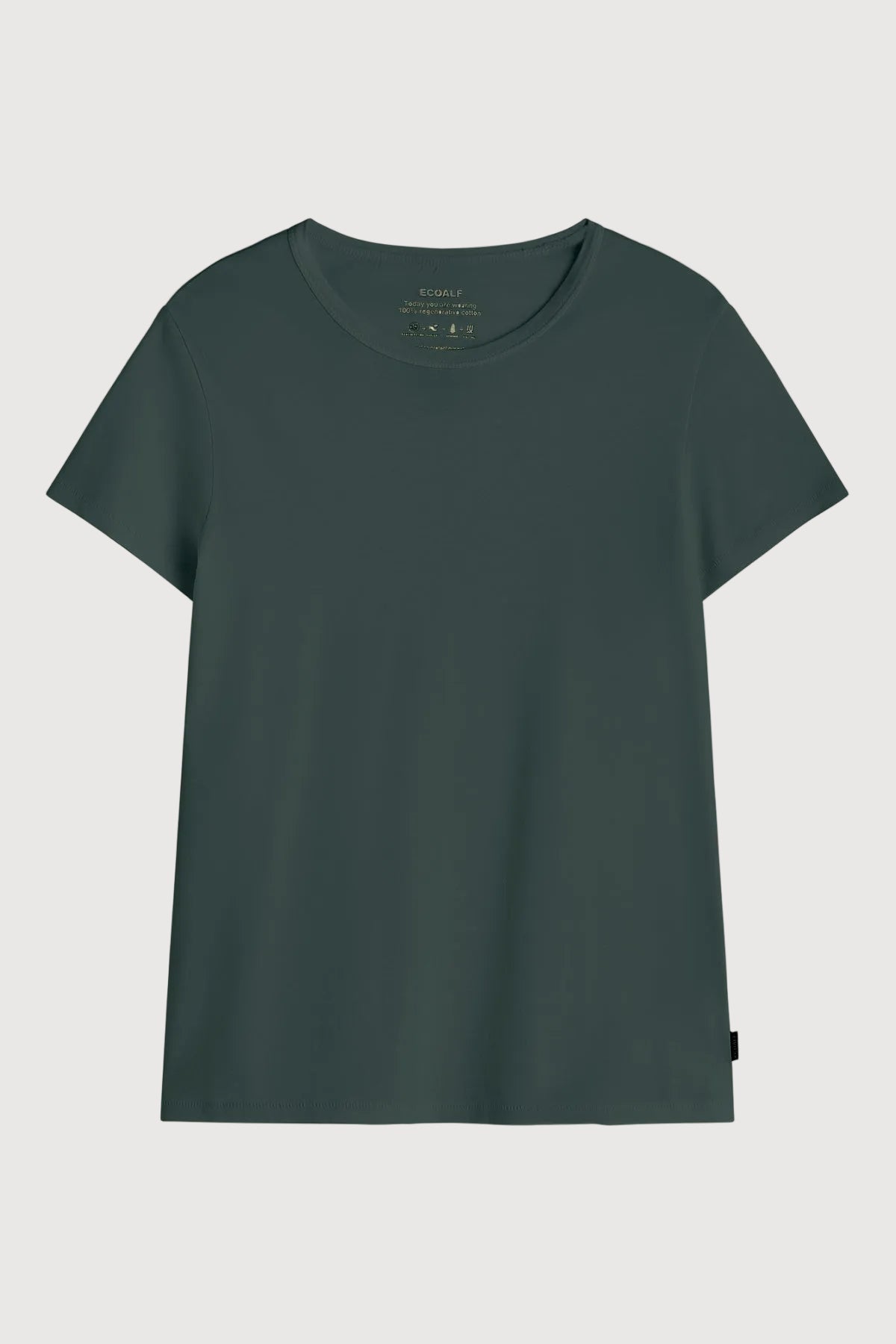 A dark green short-sleeve crewneck t-shirt with a small black tag on the bottom hem, displayed against a light gray background.
