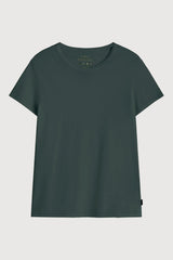 A dark green short-sleeve crewneck t-shirt with a small black tag on the bottom hem, displayed against a light gray background.