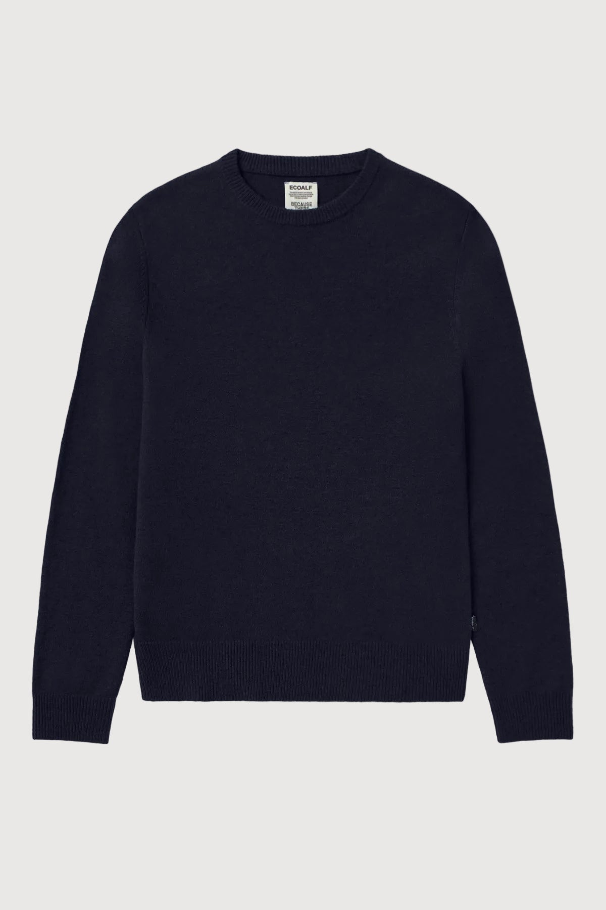 A dark navy blue crewneck sweater displayed flat against a light gray background.