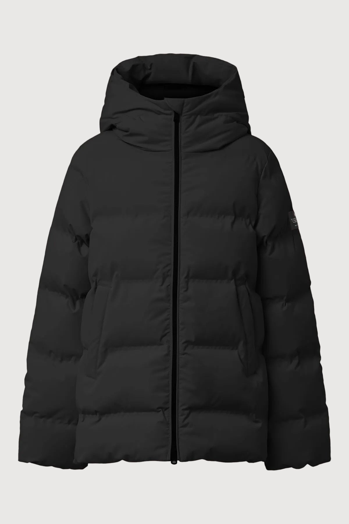 A black hooded puffer jacket with horizontal quilting, shown against a light gray background.