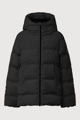 A black hooded puffer jacket with horizontal quilting, shown against a light gray background.