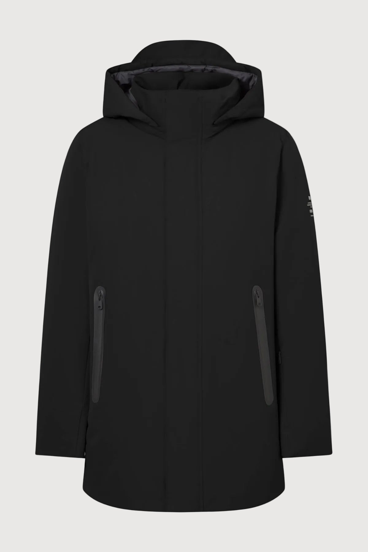 A black hooded jacket with a high collar, long sleeves, and two vertical zippered pockets on the front, shown against a light gray background.