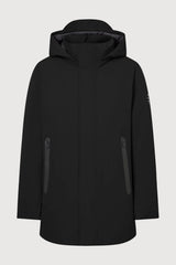 A black hooded jacket with a high collar, long sleeves, and two vertical zippered pockets on the front, shown against a light gray background.