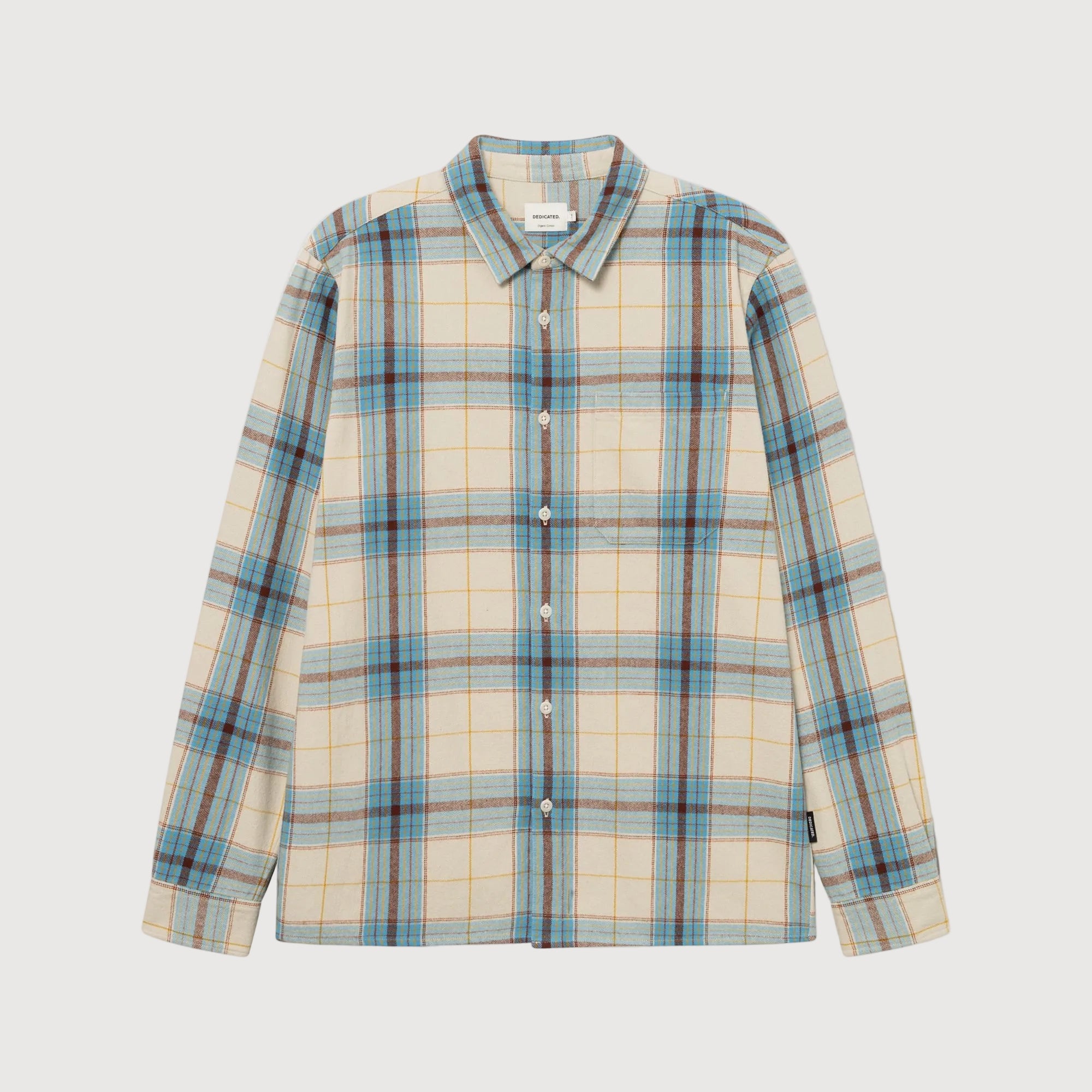 A long-sleeve button-up plaid shirt in cream, light blue, and brown, shown flat against a light gray background.