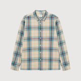 A long-sleeve button-up plaid shirt in cream, light blue, and brown, shown flat against a light gray background.