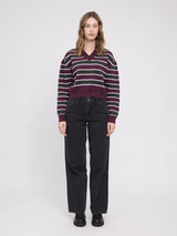 Striped burgundy and multicolor MAZINE pullover featuring a jacquard knit pattern, casual and cozy for everyday wear.