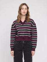 Striped burgundy and multicolor MAZINE pullover made of jacquard-knit fabric, featuring a cozy, stylish design.