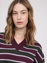 Striped burgundy and multicolor MAZINE pullover featuring jacquard-knit pattern, long sleeves, and crew neckline.