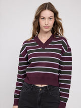 MAZINE striped burgundy and multicolor pullover with jacquard-knit pattern, showcasing a cozy and stylish design.