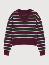 Striped burgundy and multicolor MAZINE pullover featuring a jacquard knit pattern, shown on a hanger.
