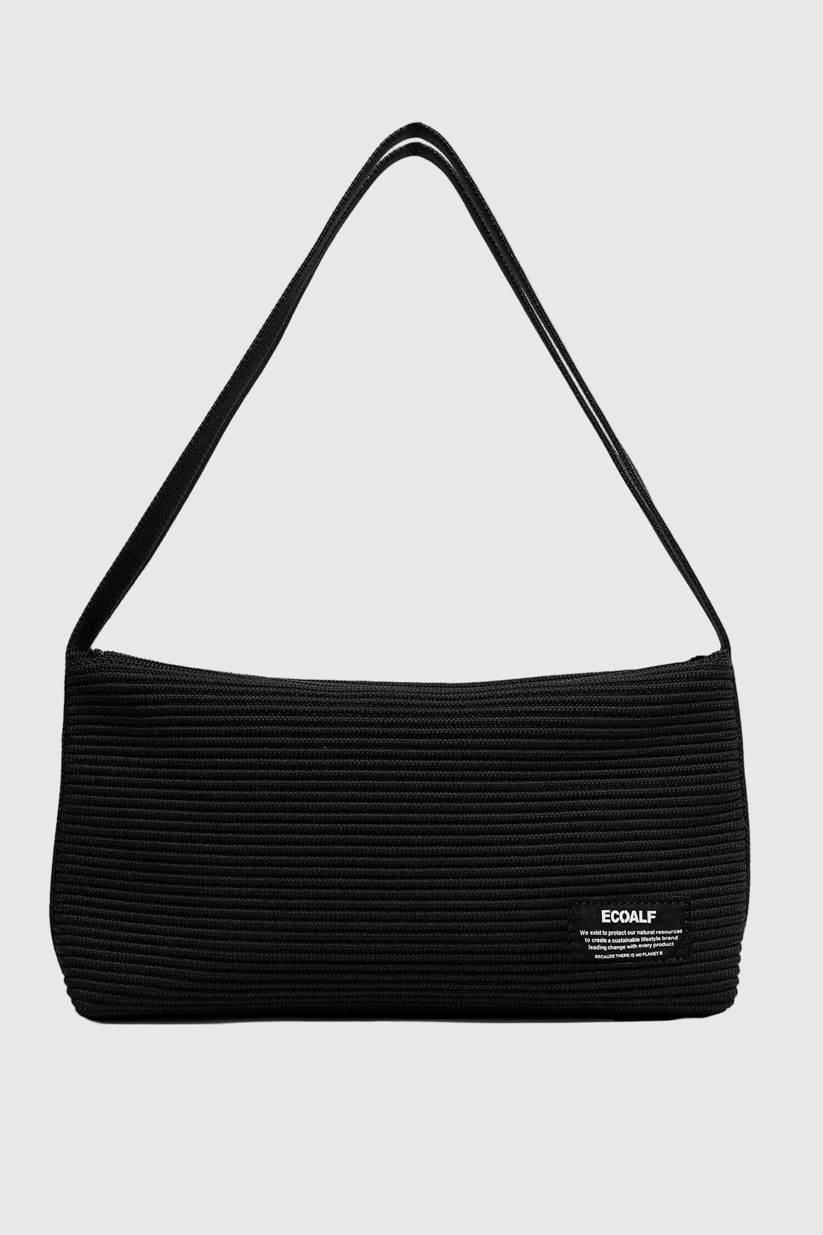 Black and white handbag with 'ECOalf' label on a light gray background