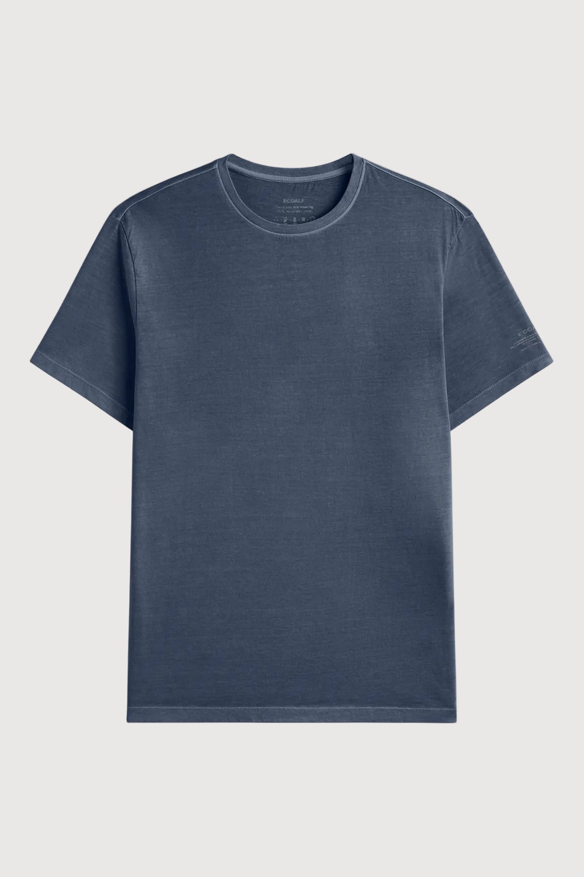 A classic short-sleeve crewneck t-shirt in a muted slate blue color, presented flat against a light gray background.