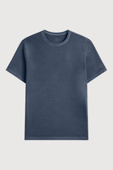 A classic short-sleeve crewneck t-shirt in a muted slate blue color, presented flat against a light gray background.