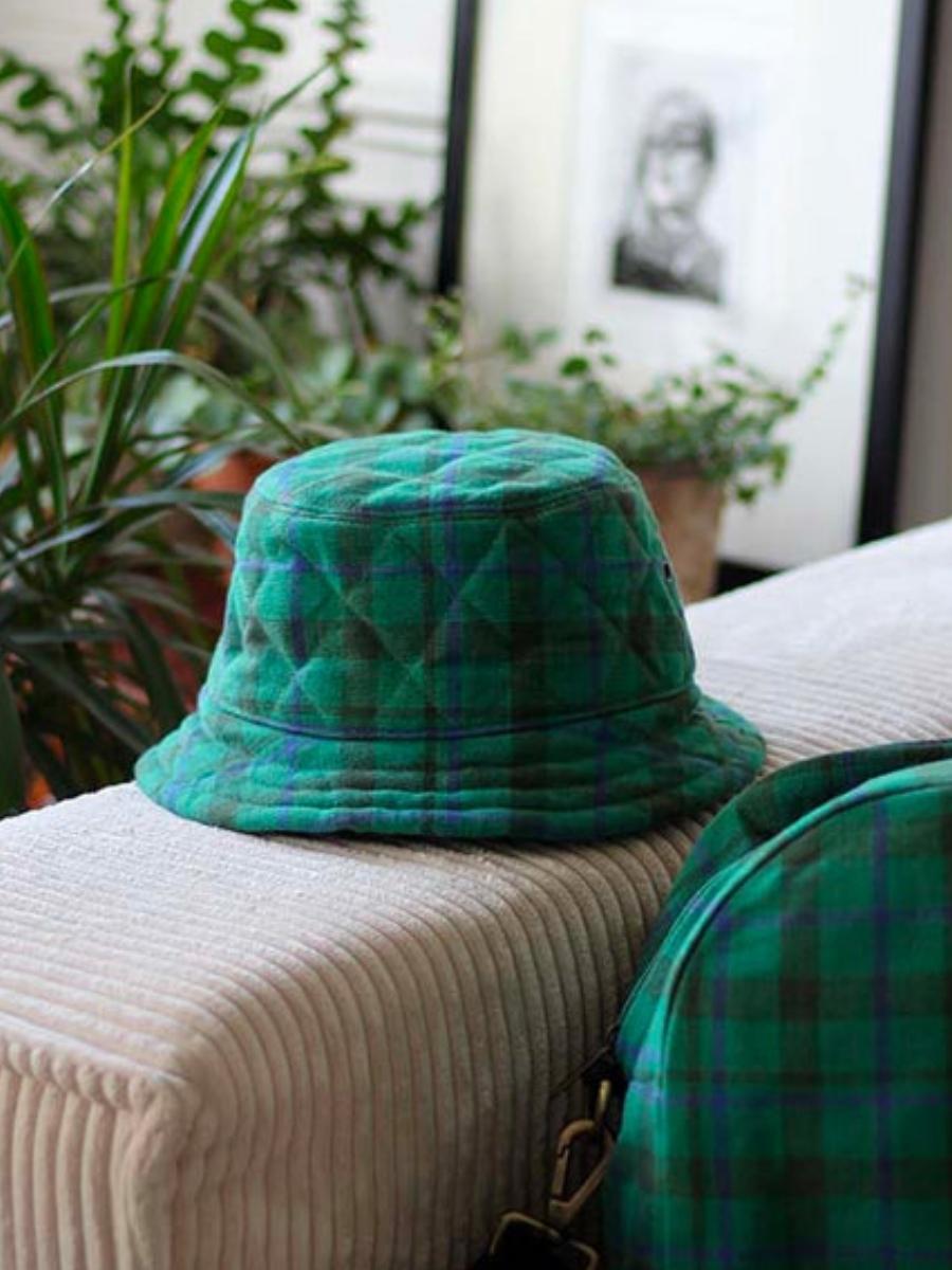Bucket Hat Bob Tartan Vert Matelasse in Organic Cotton | Hindbag
